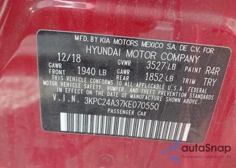 2019 Hyundai Accent Se z USA, uszkodzony, nr VIN 3KPC24A37KE070550